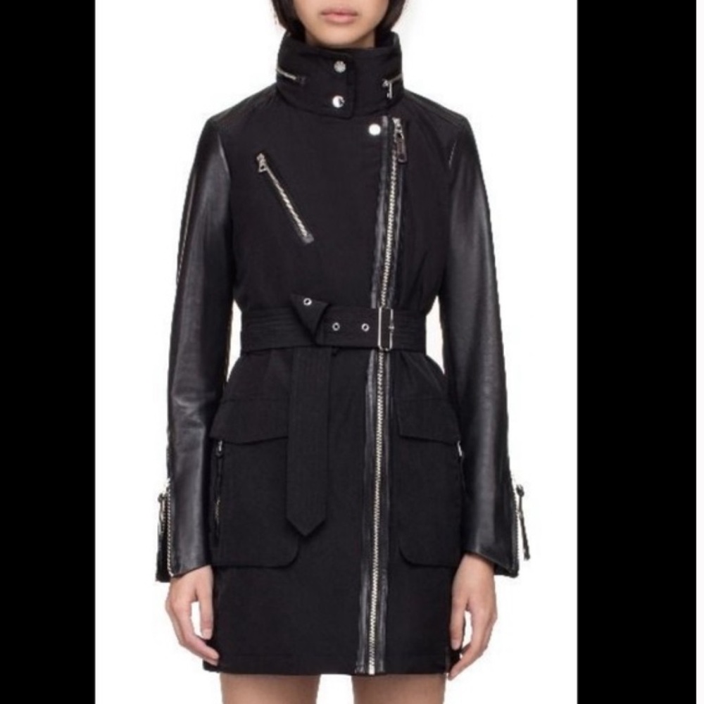 RUDSAK Moira Black Leather-Trim/Sleeves Trench